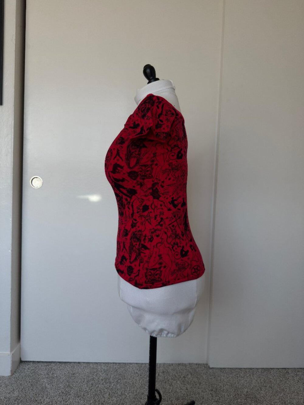 Kreepsville 666 Red occult print shoulder top - Picture 2 of 5